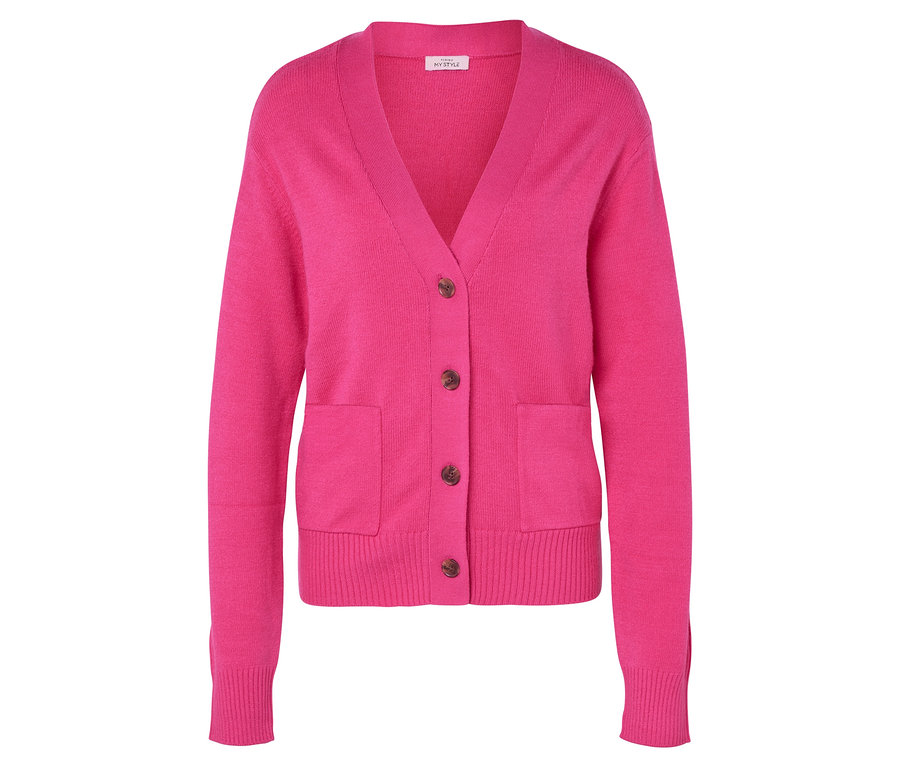 Pinke Strickjacke mit V-Ausschnitt, Knöpfen und Taschen.