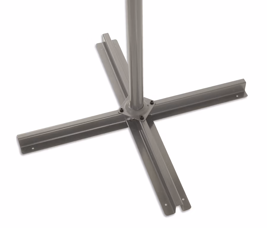 Grauer Leco Ampelschirm Ständer mit X-förmiger Metallbasis.