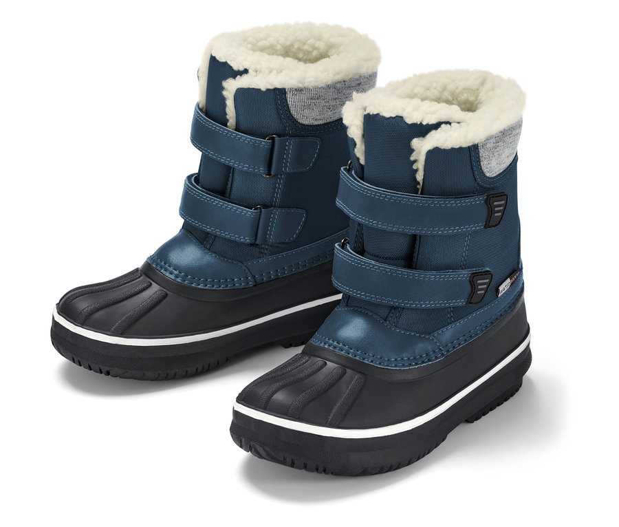 Zwei blaue Kinder-Schneestiefel mit schwarzer Gummisohle und weißer Linie.