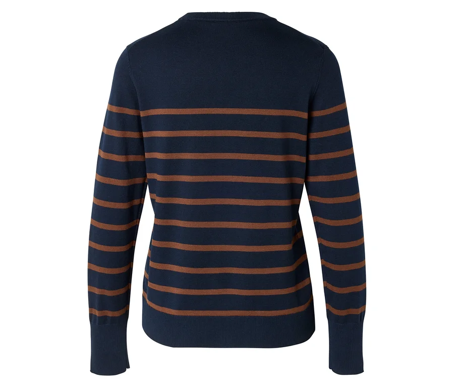 Rückansicht eines dunkelblauen Pullovers mit braunen horizontalen Streifen.