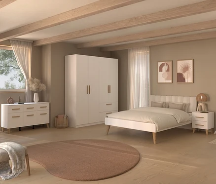 Schlafzimmer mit weißem »Skandi« Schlafzimmer-Set von rauch, inklusive Bett, Nachttisch, Kleiderschrank und Kommode.