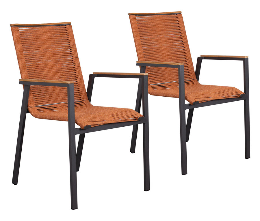 Zwei orangefarbene Stühle mit Armlehnen und einem dunklen Metallgestell stehen auf einem weißen Hintergrund.