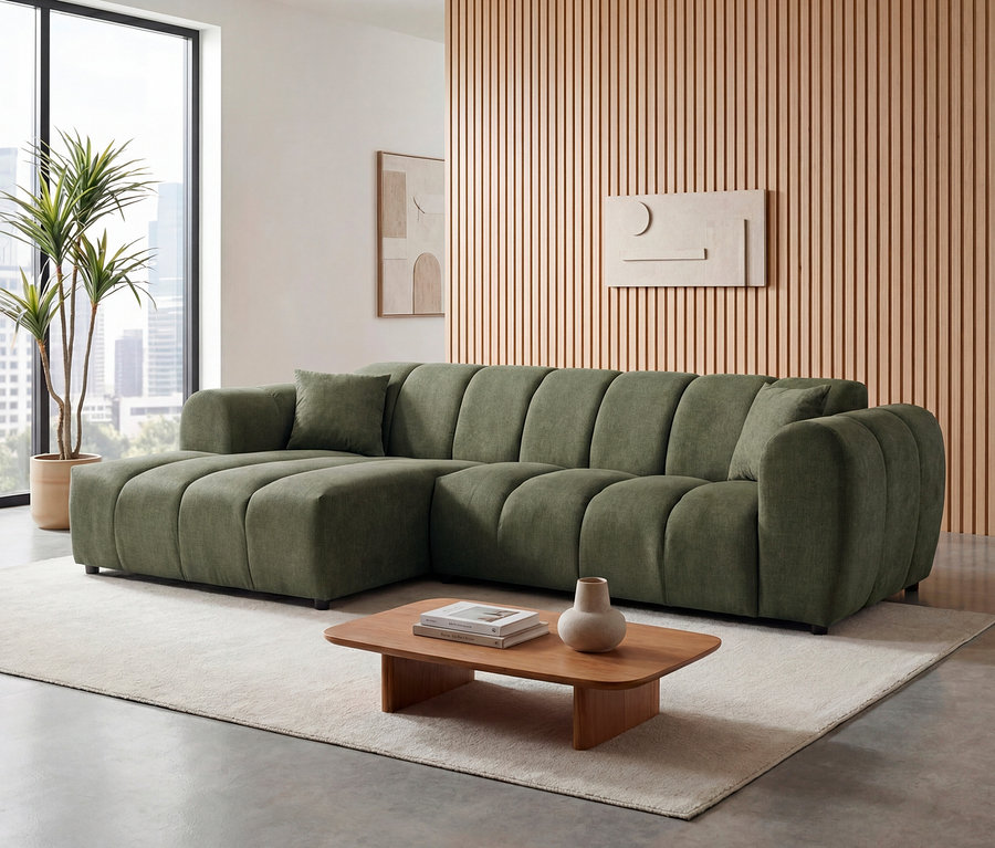 Ein grüner Longchair links mit Sofa 2-Sitzer rechts »Loftwave« steht im Wohnzimmer.
