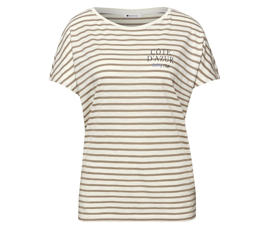 Beige-weißes Street One T-Shirt mit horizontalen Streifen und blauem "Côte d'Azur Sailing Club"-Schriftzug.
