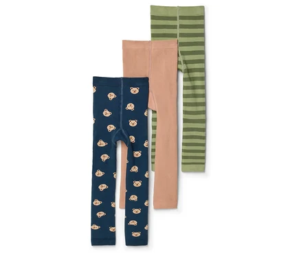 Drei Kinderleggings liegen übereinander: eine marineblaue mit Bären, eine hellbraune und eine grün gestreifte.