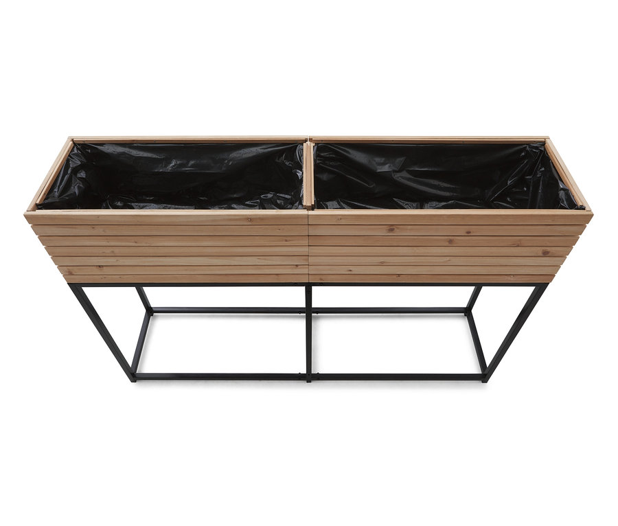 Holzpflanzkasten mit schwarzer Innenauskleidung auf einem schwarzen Metallgestell.