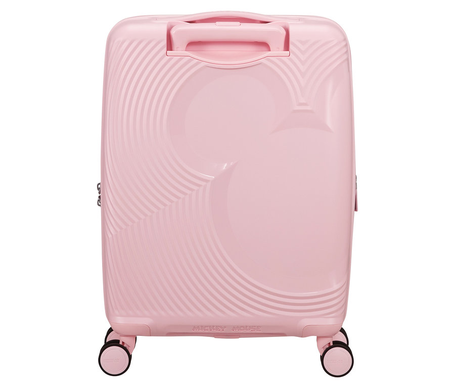 Rosa American Tourister Mickey Magic Trolley mit Mickey Mouse-Muster und Rollen.