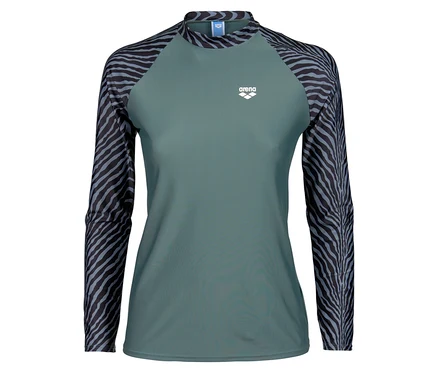 Grünes Arena Langarmshirt mit Zebra-Ärmeln.