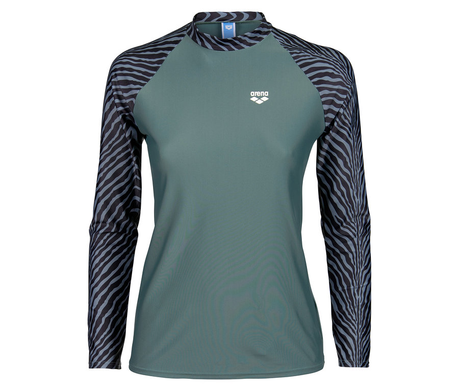 Grünes Arena Langarmshirt mit Zebra-Ärmeln.