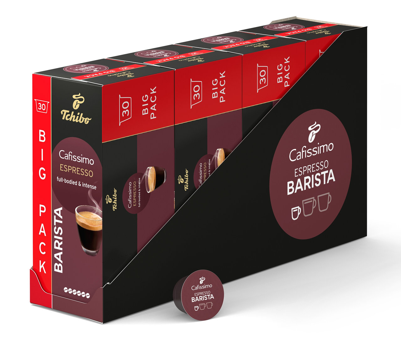 Eine Packung Cafissimo Espresso Barista Kapseln in einer schwarzen Halterung, mit einer einzelnen Kapsel davor.