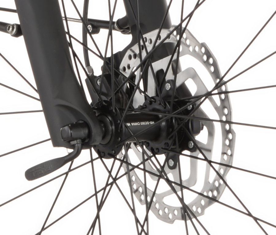 Nahaufnahme des Vorderrads vom FISCHER Trekking-E-Bike VIATOR MOVE mit Trapez-Rahmen, mit Speichen, Bremsscheibe und schwarzer Federgabel.