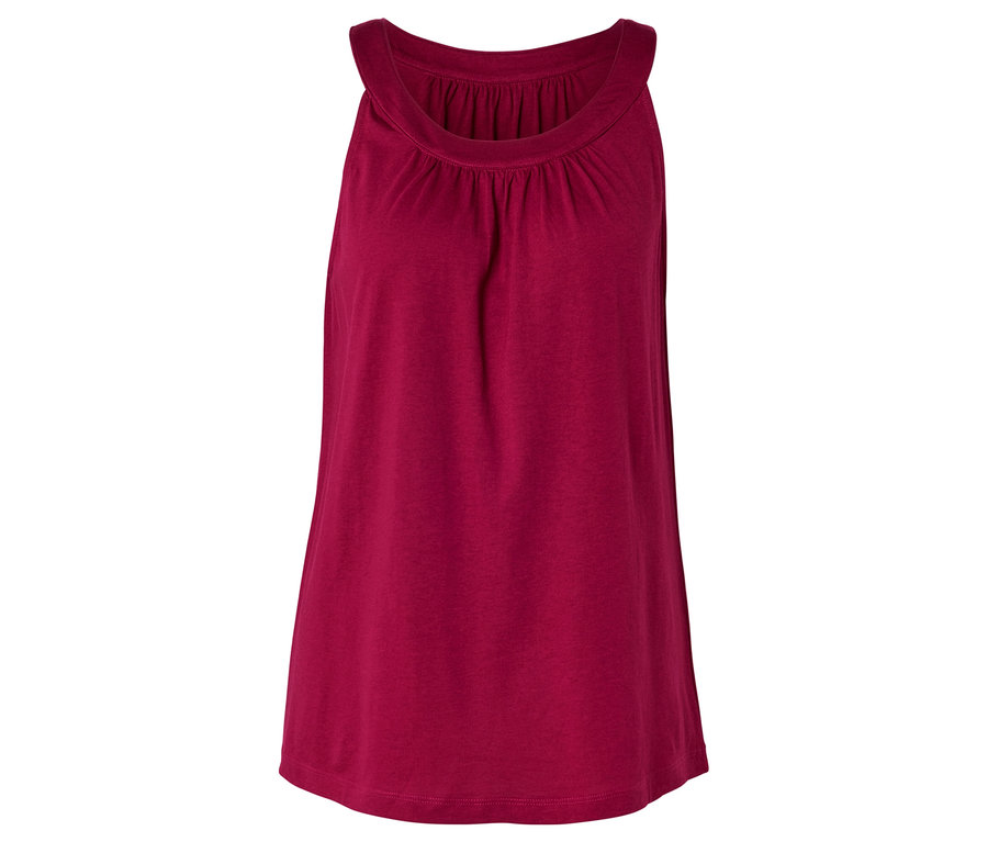 Ein ärmelloses, weinrotes Oberteil mit gerafftem Rundhalsausschnitt liegt auf einem weißen Hintergrund.