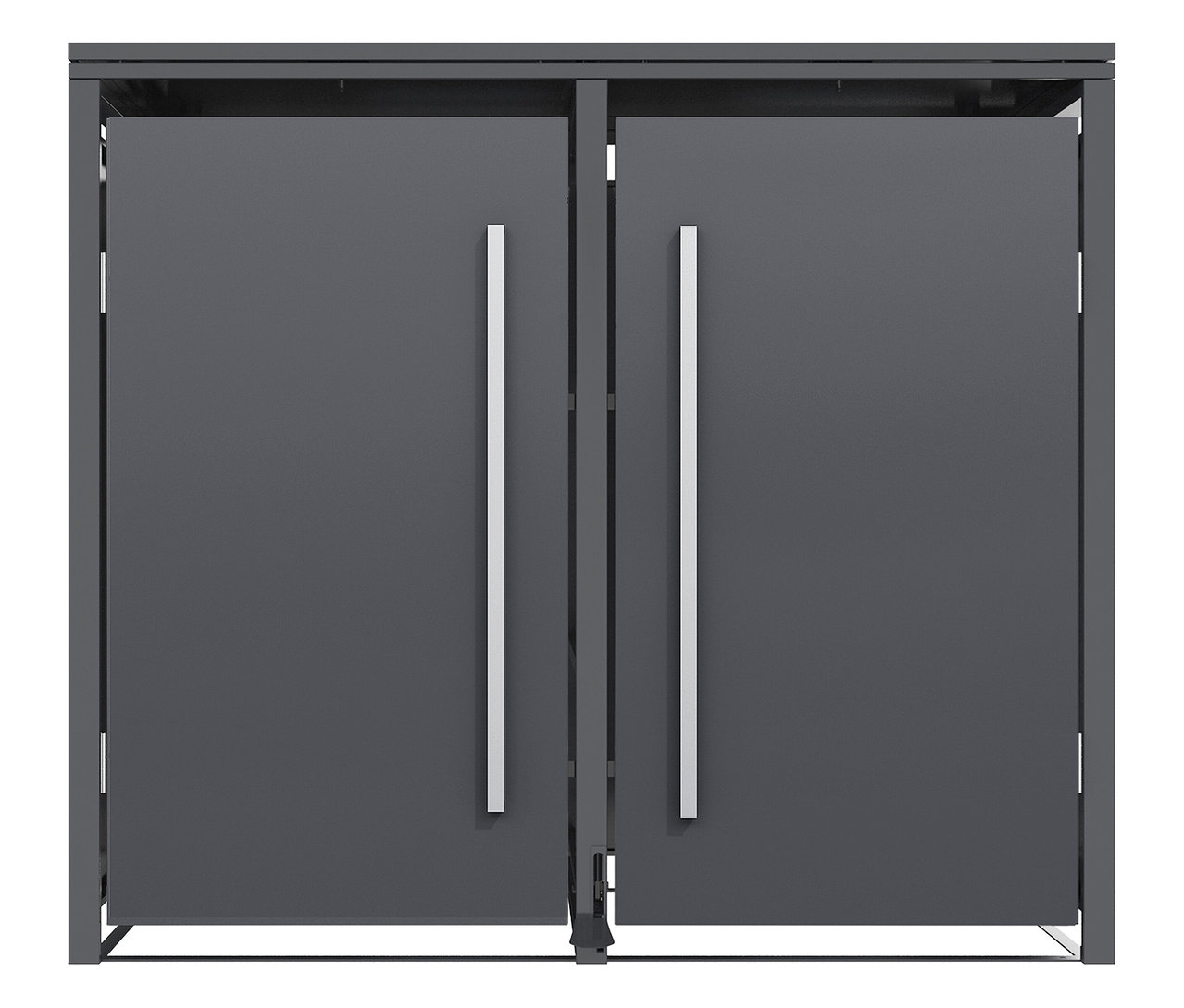 Graue Mülltonnenbox mit zwei Türen und langen, silbernen Griffen.