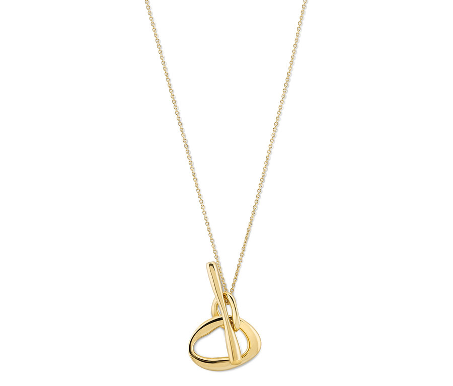 Goldene Halskette mit abstraktem Anhänger in Form eines durchgestochenen Dreiecks.