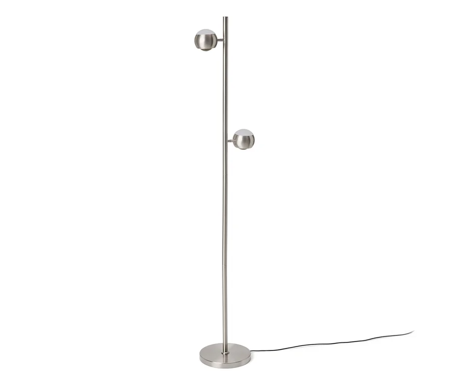 Gebürstete Stehlampe aus Metall mit rundem Fuß und zwei kugelförmigen Leuchten.