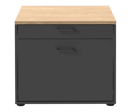 Dunkelgrauer Schrank mit zwei Schubladen und einer hellen Holzplatte. Die obere Schublade ist kleiner als die untere.