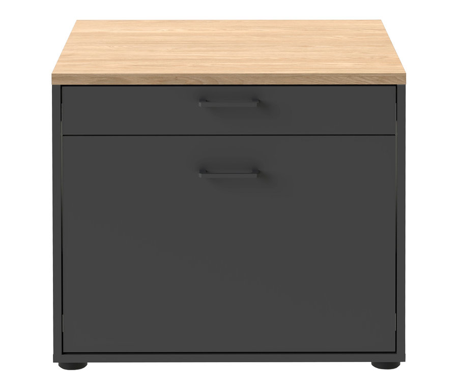Dunkelgrauer Schrank mit zwei Schubladen und einer hellen Holzplatte. Die obere Schublade ist kleiner als die untere.