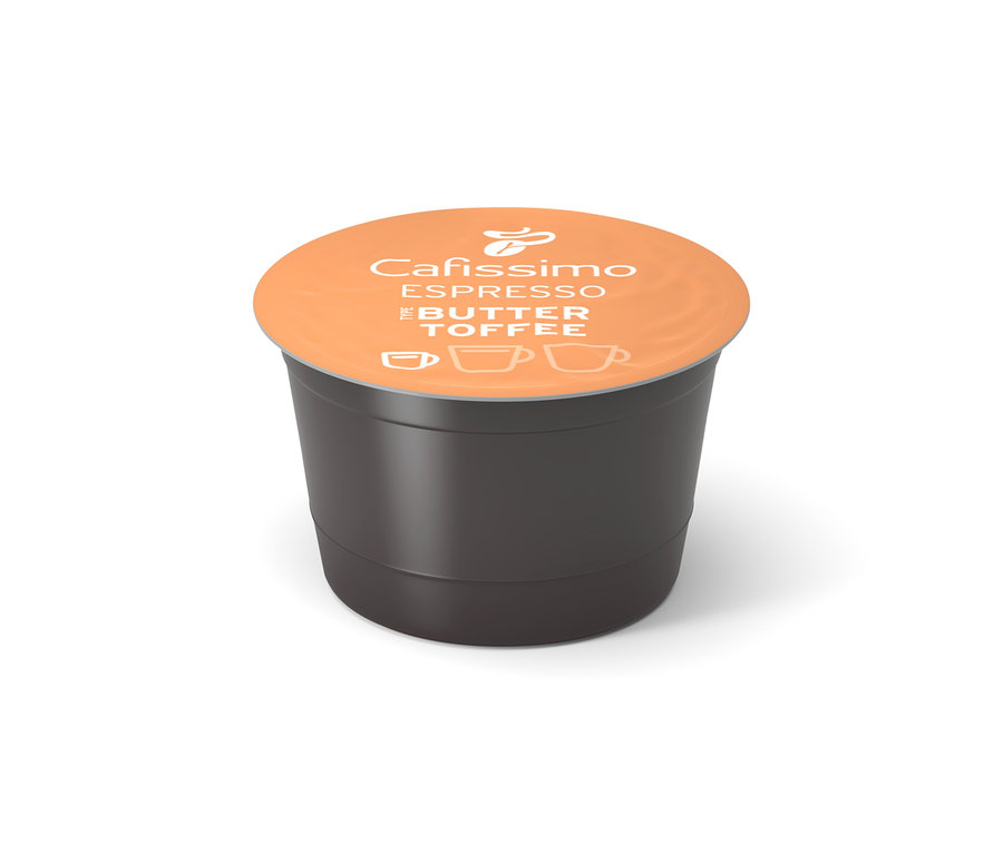 Einzelne Cafissimo Flavoured Espresso - Buttertoffee Kapsel auf weißem Grund.