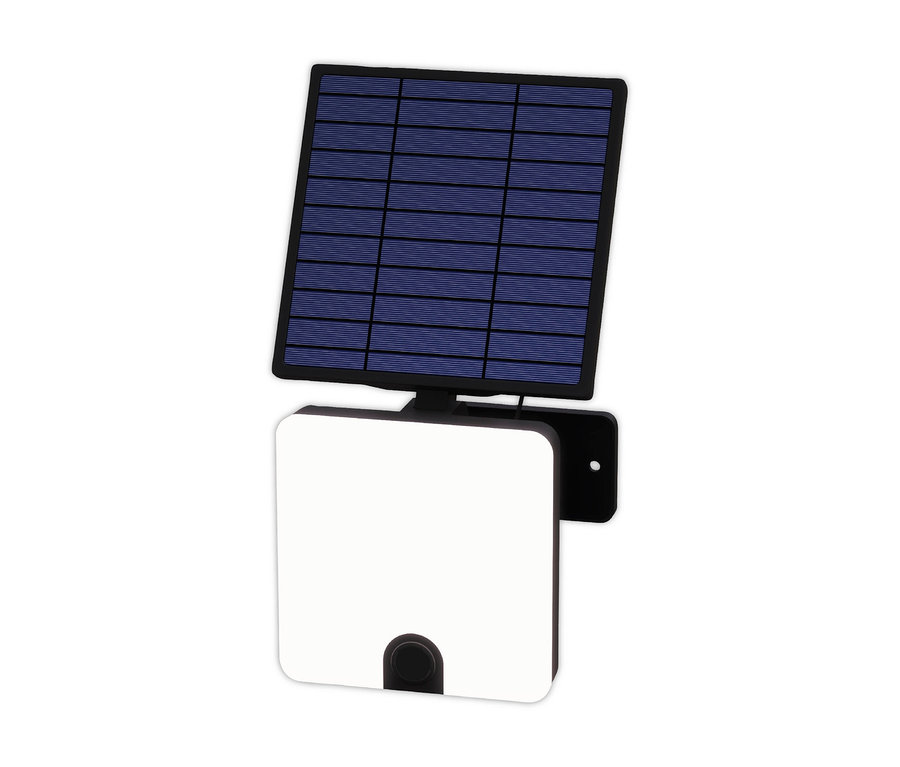 Eine Karibu Solar-LED-Leuchte mit blauem Solarpanel in schwarzem Rahmen und weißem, rechteckigem Lichtkörper mit schwarzem Sensor.