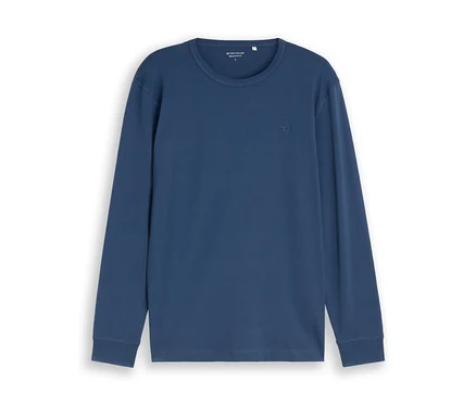 Dunkelblaues Tom Tailor Basic Longsleeve mit Rundhalsausschnitt und kleinem Logo auf der Brust.