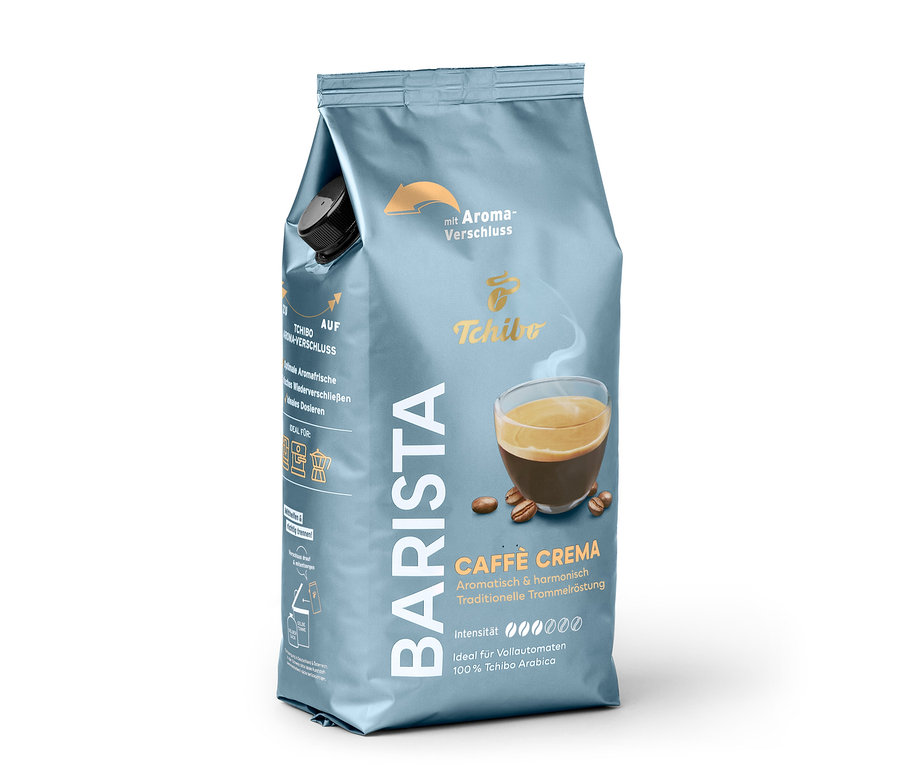 Eine Packung Tchibo Barista Caffè Crema Kaffee mit einer Abbildung einer Tasse Kaffee und Kaffeebohnen.