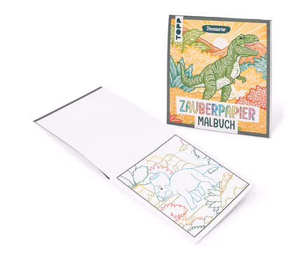 Offenes Zauberpapier-Malbuch »Dinosaurier« mit einer Umrisszeichnung eines liegenden Dinosauriers und dem Cover mit einem grünen T-Rex.