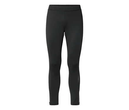 Schwarze, lange Leggings mit elastischem Bund, Reißverschlüssen an den Knöcheln und einem reflektierenden Punktmuster am unteren rechten Bein.