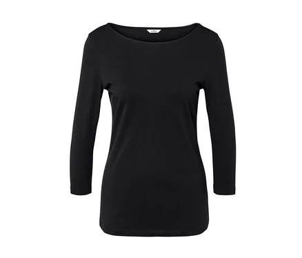 Schwarzes T-Shirt mit 3/4-Ärmeln und Rundhalsausschnitt.