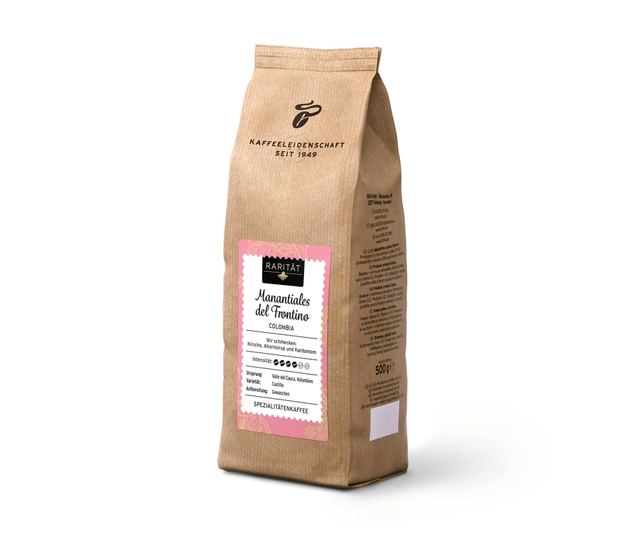Eine Packung Manantiales del Frontino Colombia Kaffee auf weißem Hintergrund.