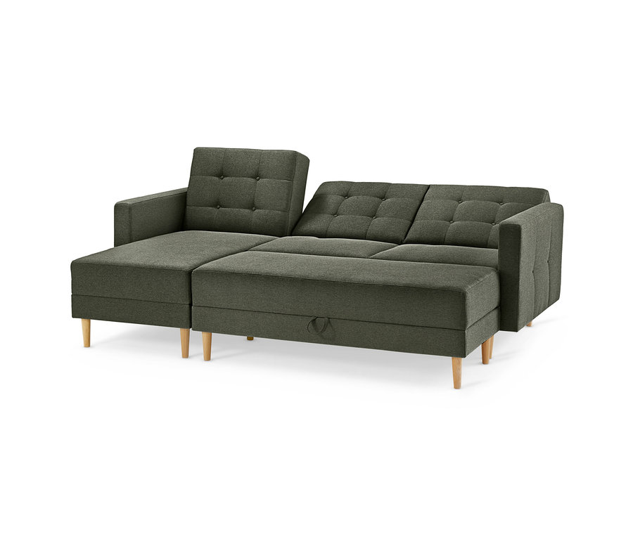 Grünes Federkern-Eckschlafsofa »Just Relax« mit Stauraumbank und Holzfüßen.