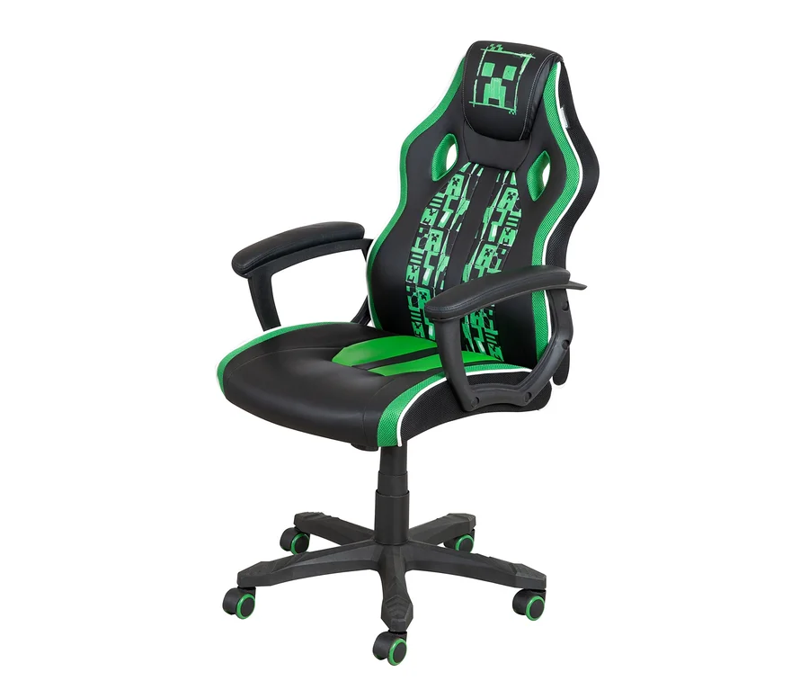 Ein schwarzer Gaming-Stuhl mit grünen Akzenten und einem Minecraft-Creeper-Design auf der Kopfstütze.