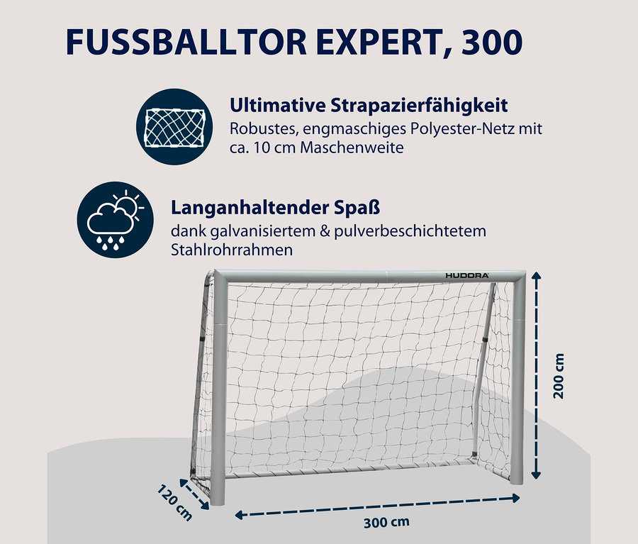 HUDORA Fußballtor »Expert 300« mit grauem Rahmen und schwarzem Netz, 300 cm breit, 200 cm hoch und 120 cm tief.