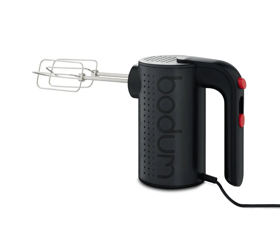 Schwarzer Bodum-Handmixer mit Metallbesen.