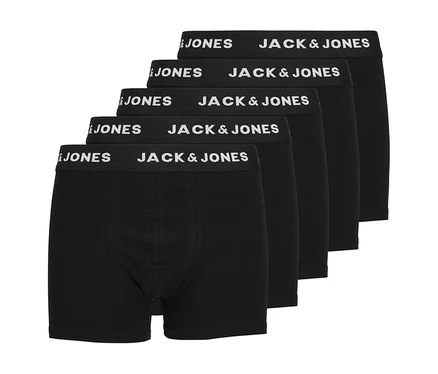 Fünf schwarze Jack&Jones Trunks im 5er-Pack, leicht versetzt gestapelt, mit weißem Logo auf dem Bund.