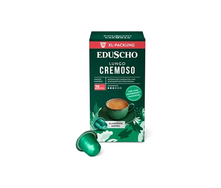 Eine Packung EDUSCHO Lungo Cremoso Kaffeekapseln mit einer Tasse Kaffee und einer Kapsel davor.