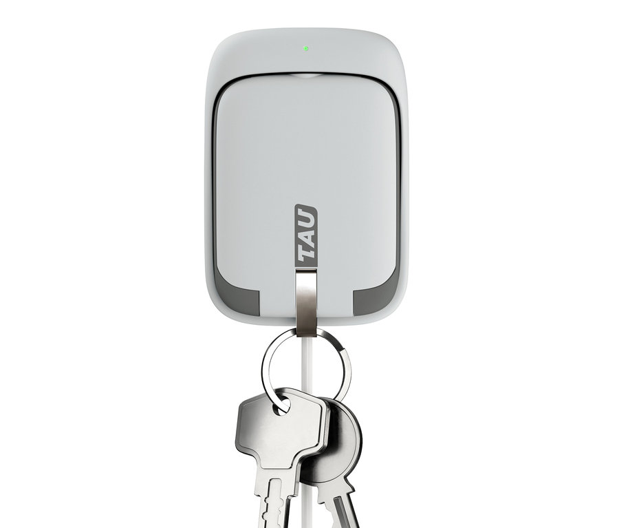 Weisser TAU® 3-in-1-Keychain-Powerbank mit Schlüsseln.