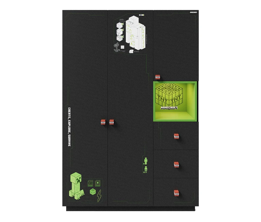 Ein schwarzer roba Minecraft Schrank mit Minecraft-Motiven.