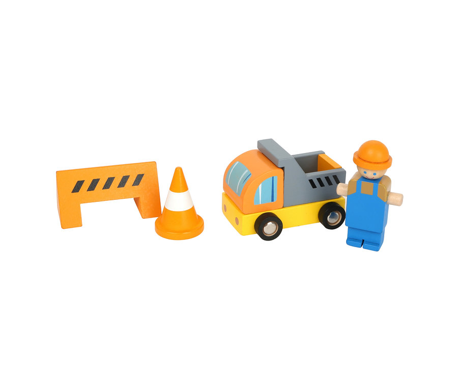 Orangefarbene Absperrung, Verkehrskegel, Lastwagen und hölzerne Arbeiterfigur des small foot Baukran mit Baustellenzubehör.